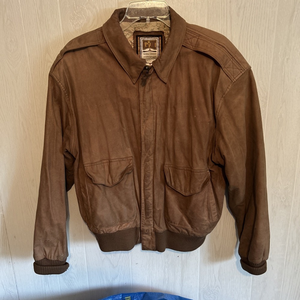 Vintage Global Identity Mens Small Brown Suede Leather Bomber Jacket Brown